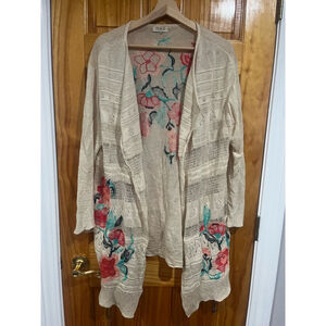 Ivko Women's Heavily Embroidered Linen Perforation Open Front Cardigan Tie Sz 40